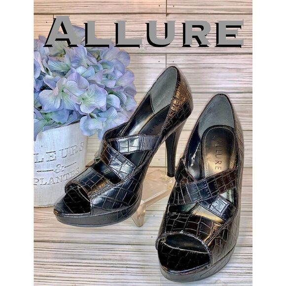 Allure Shoes - NWT Allure Platform Black Crocodile Embossed Vegan Leather Stiletto Heels